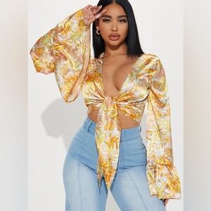 Tie-Front Floral Satin Crop Top in Yellow  Satin Blouse Multicolor